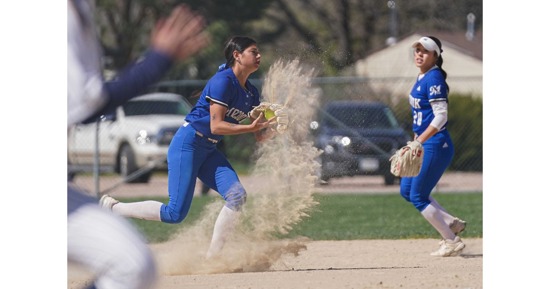 MCC shortstop Laila Gutierrez scoops up the ball (and a lot of dirt) on this doubleplay Saturday.
